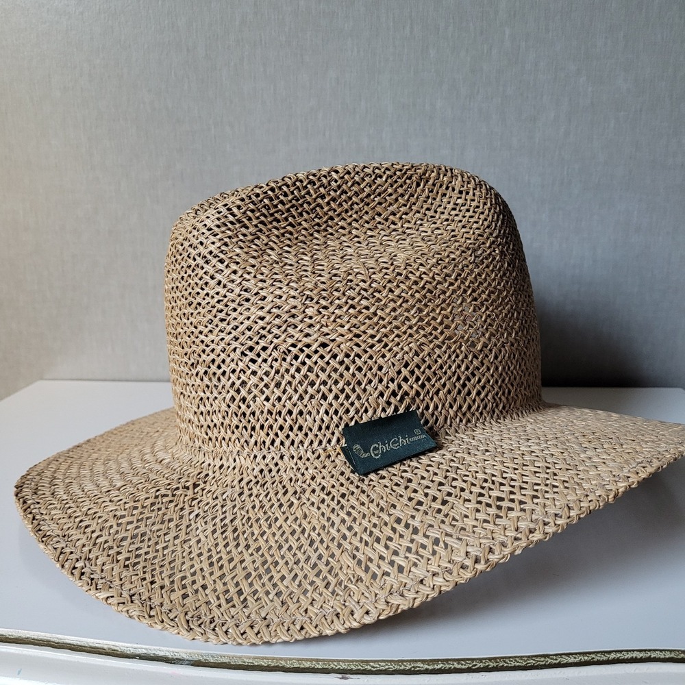 VTG Chi Chi Straw Sun Wide Brim Fedora Style Beach Summer Hat Tan Boho Made USA